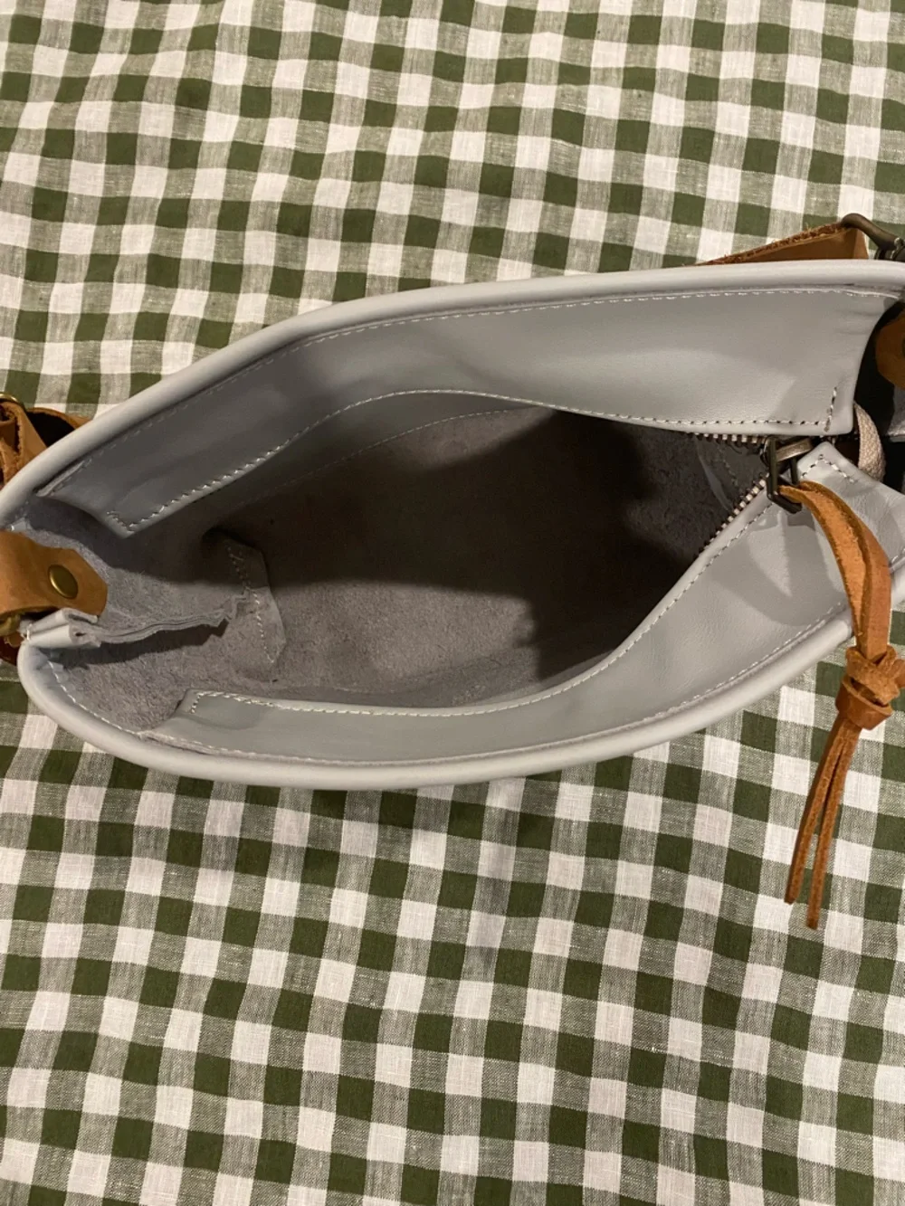 Leather Light Gray Crossbody Bag with Tan Leather Accents - Picture 4 of 8